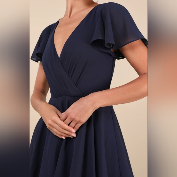 Lulus Sincerely Exquisite Navy Blue Short Sleeve Tiered Maxi Dress S Wedding - Picture 4 of 9